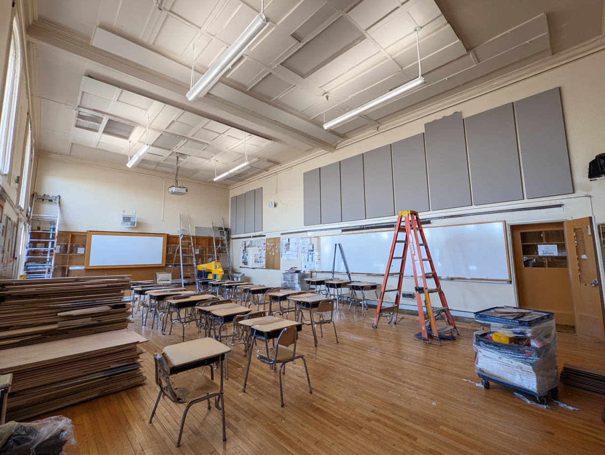 Acoustic panels being installed in a school classroom during summer break
